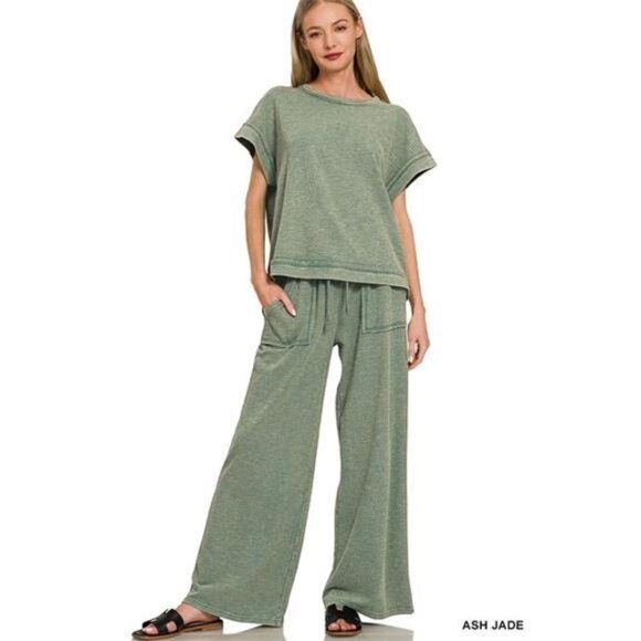 Zenana Outfitters Other - Zenana‎ Washed Slub Short Sleeve Tee & Long Pants Set